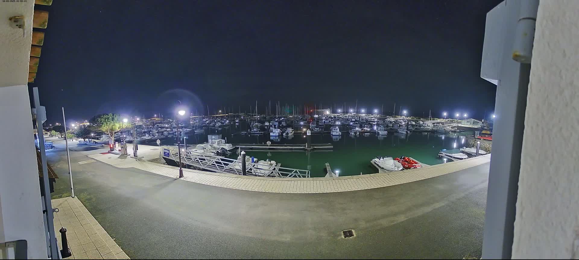 A nighttime view of a marina filled with numerous boats, illuminated by artificial lights under a clear, dark sky.