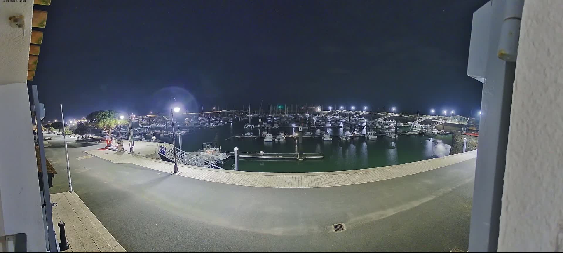 A nighttime view of a marina filled with boats under a clear, dark sky.