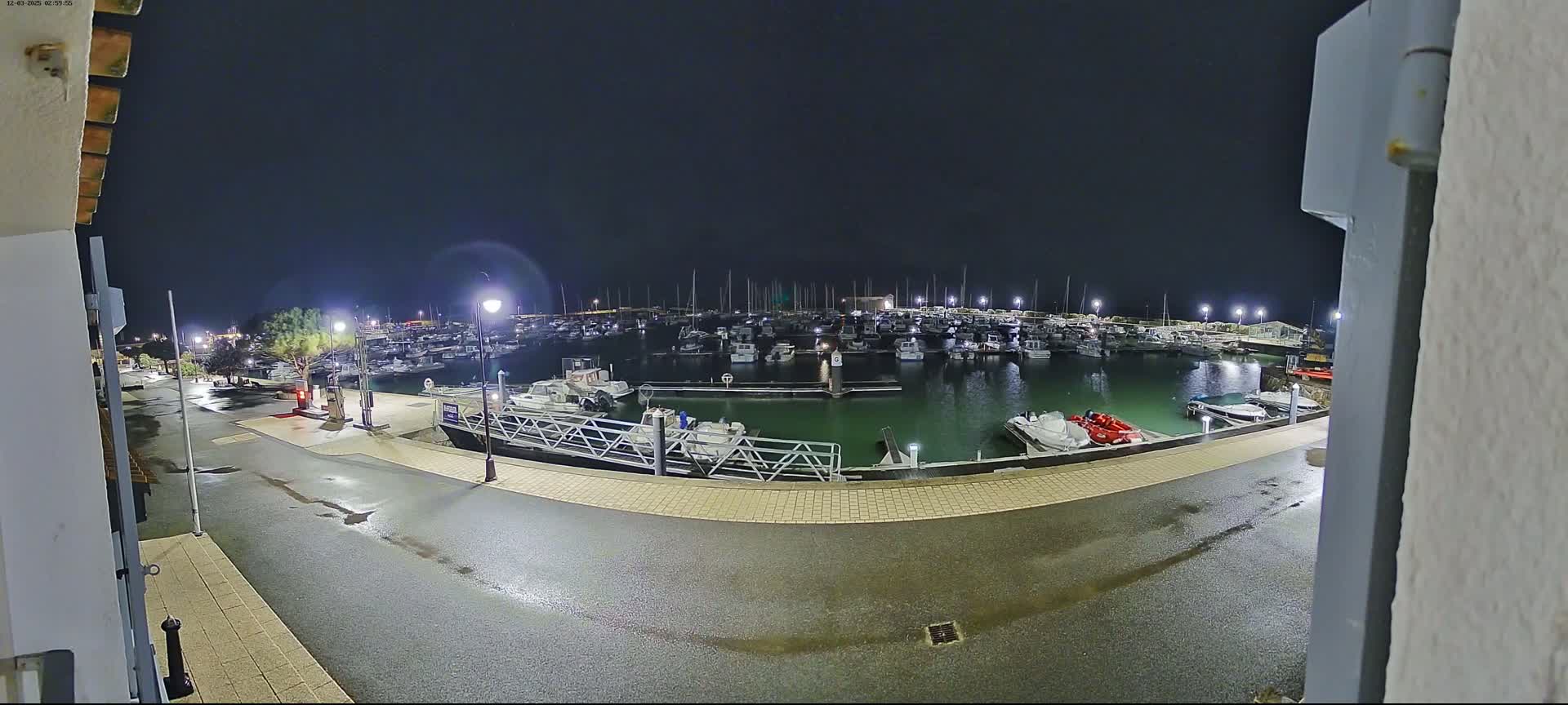A wet, nighttime view of a marina filled with boats, seen from a slightly elevated position on land.