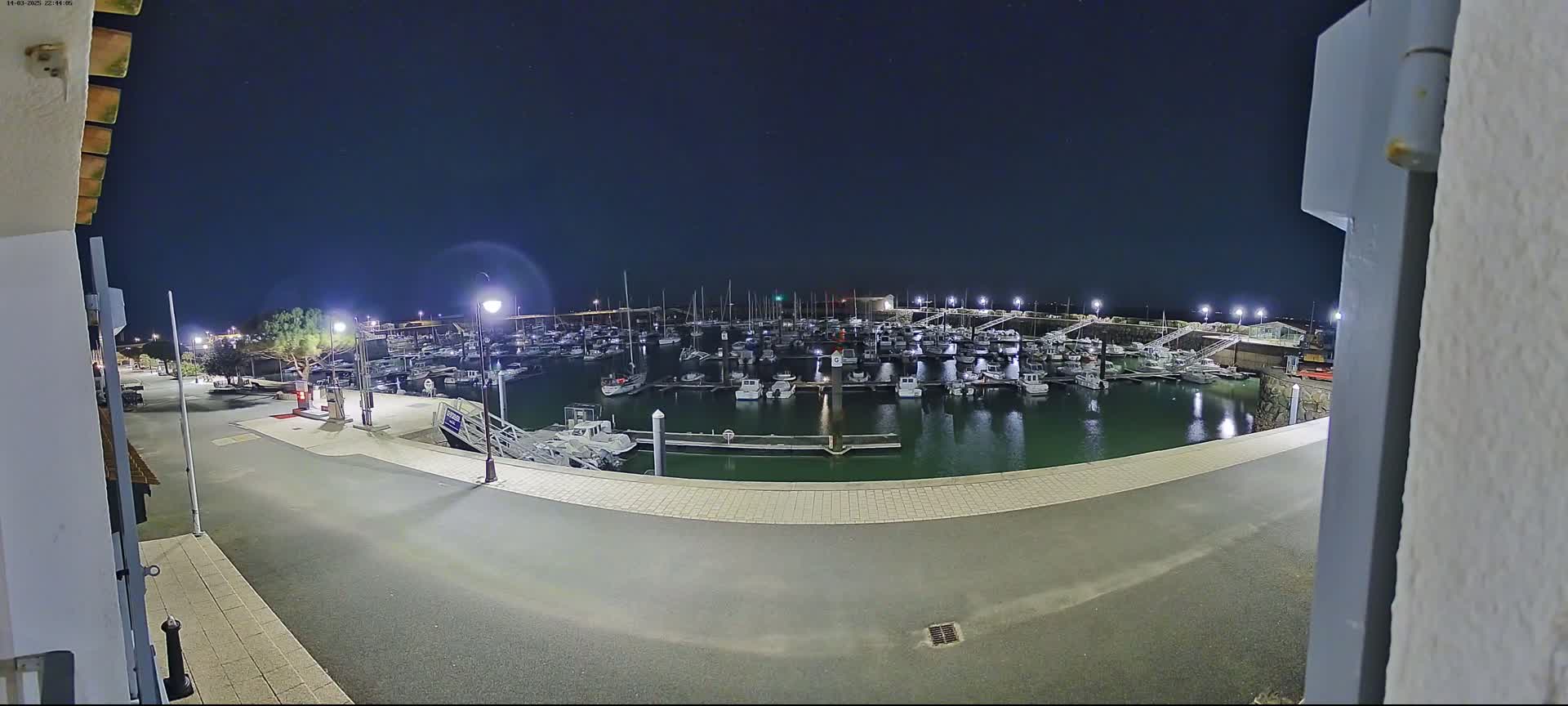 A nighttime view of a marina filled with docked boats under a clear, dark sky.