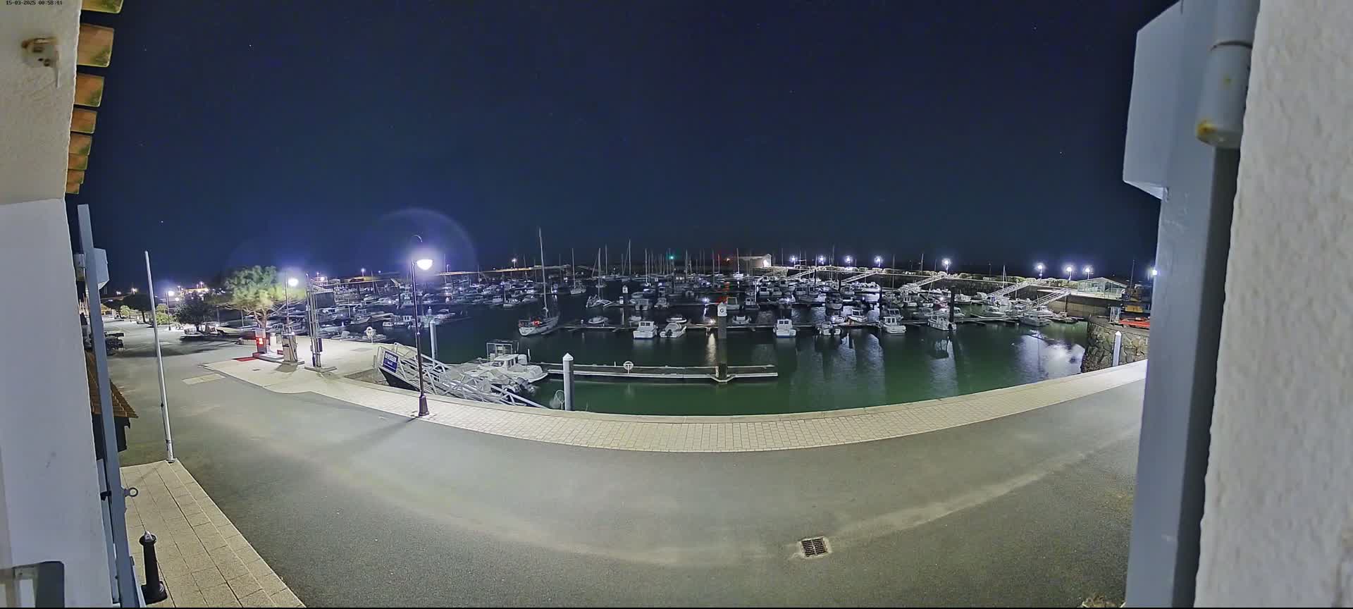 A marina filled with numerous boats is seen at night under a clear, dark sky.
