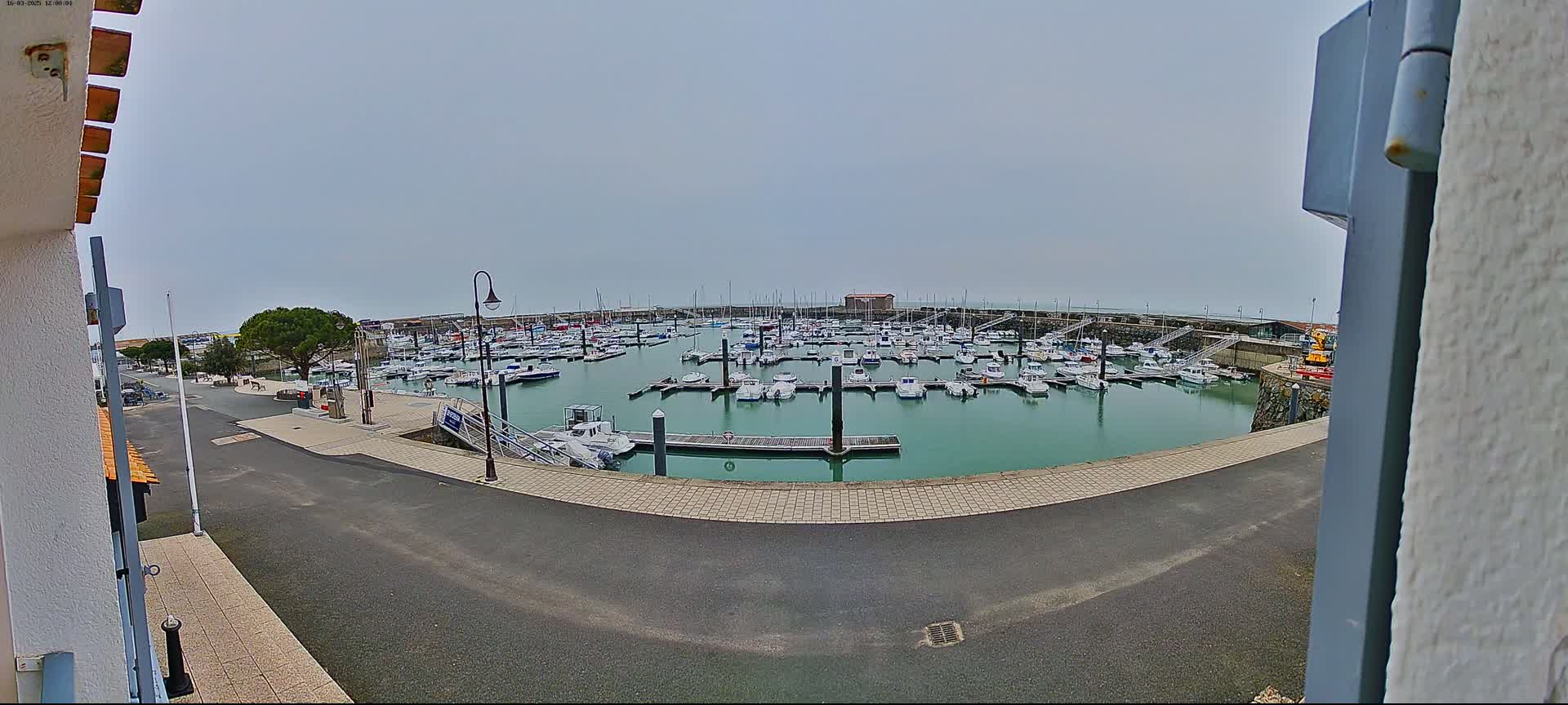 A marina filled with numerous boats is visible on an overcast day.