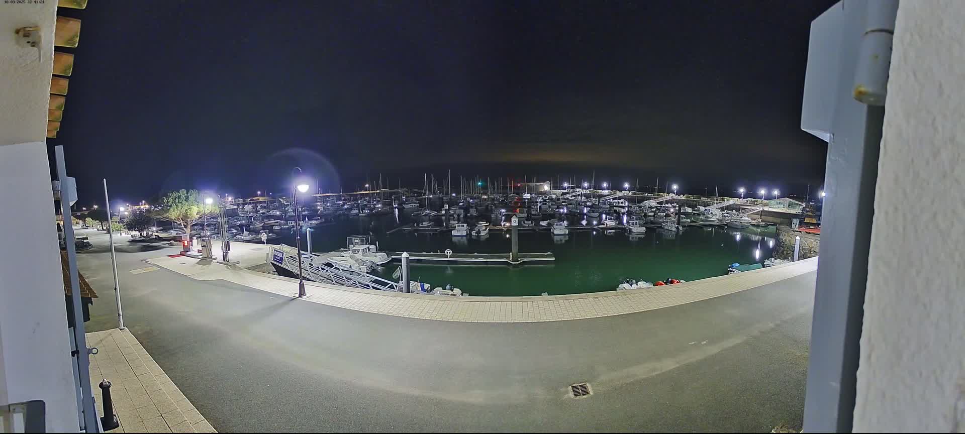 A nighttime view of a marina filled with boats, illuminated by lampposts, under a dark sky.