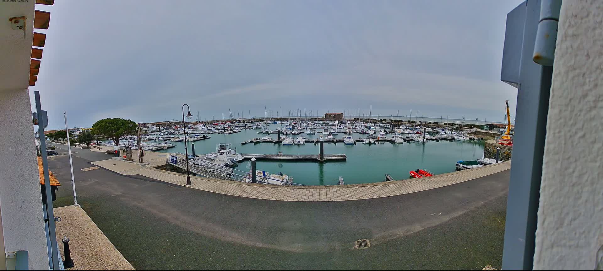 A marina filled with numerous boats is viewed from a high vantage point on an overcast day.