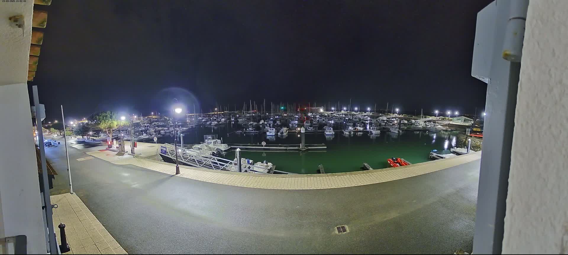 A nighttime view of a marina filled with boats, illuminated by lights, under a clear, dark sky.