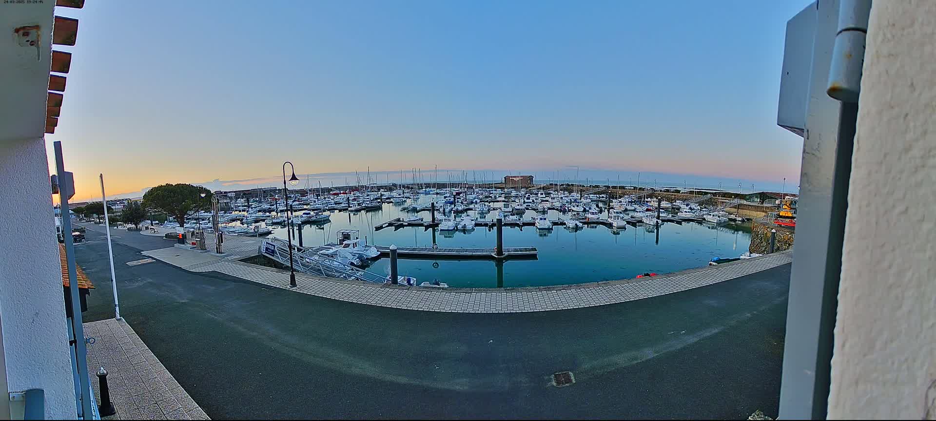 A calm marina filled with numerous boats is seen at sunrise under a clear sky.
