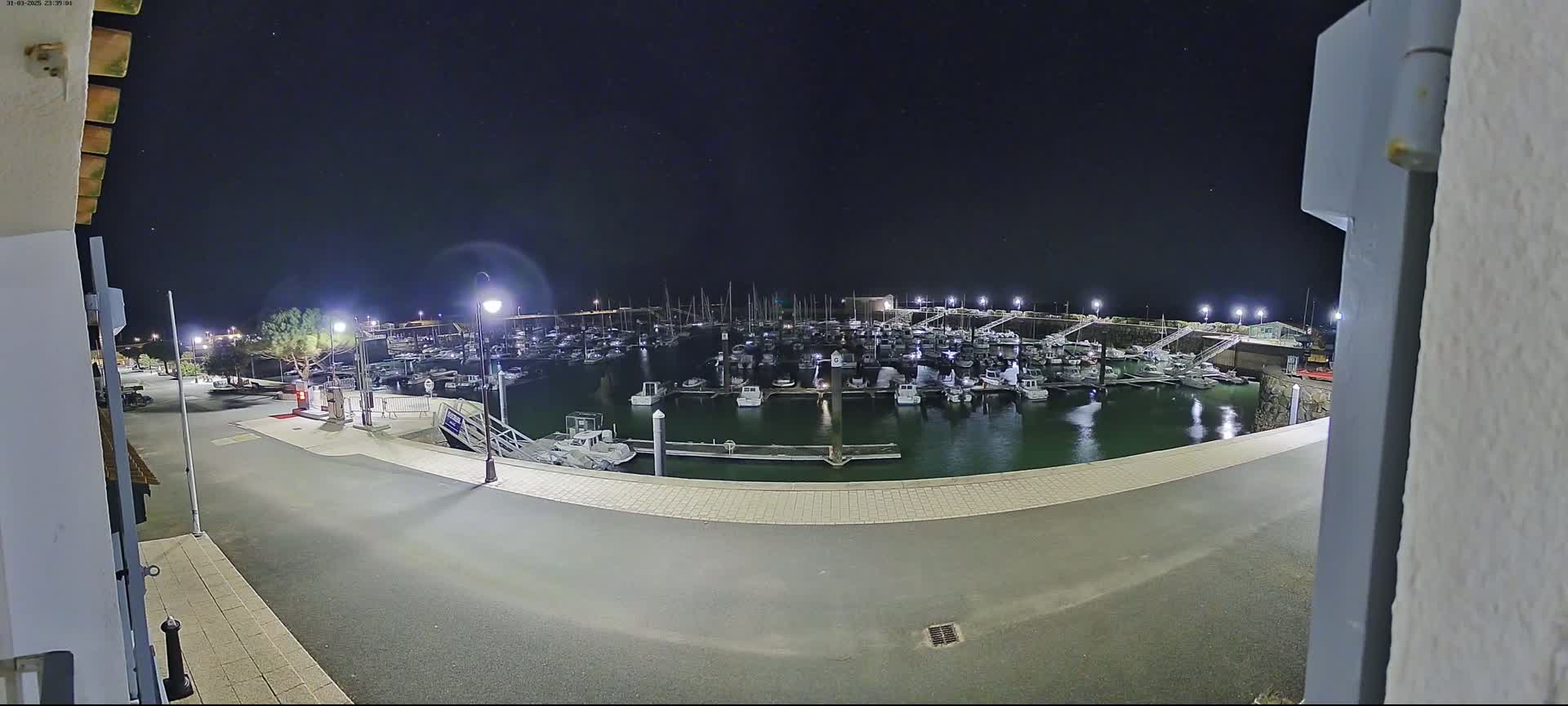 A nighttime view of a marina filled with boats under a clear, starry sky.