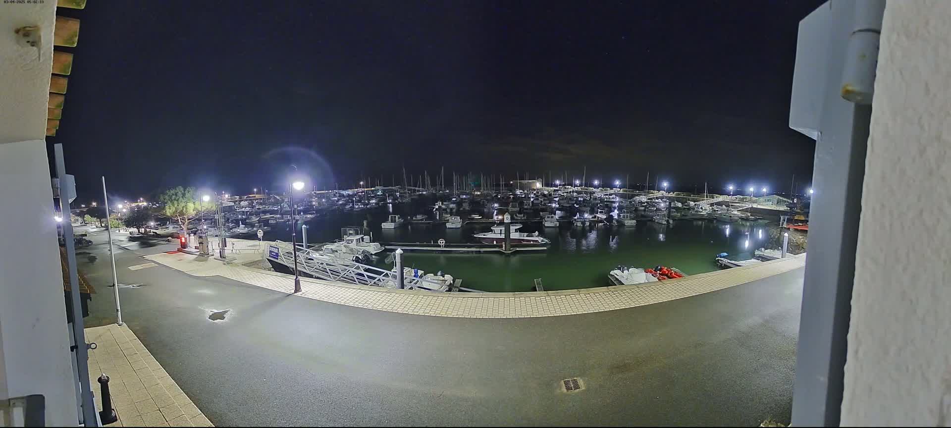A marina filled with boats is seen at night under a clear, dark sky, lit by artificial lights.