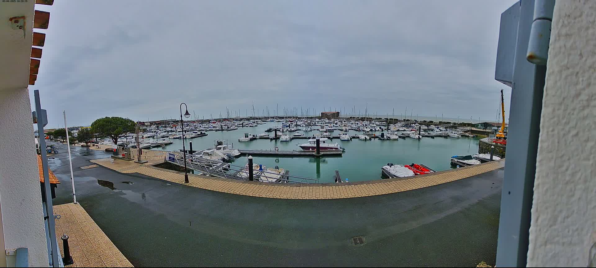 A marina filled with numerous boats is viewed from a slightly elevated position on an overcast day with wet pavement.