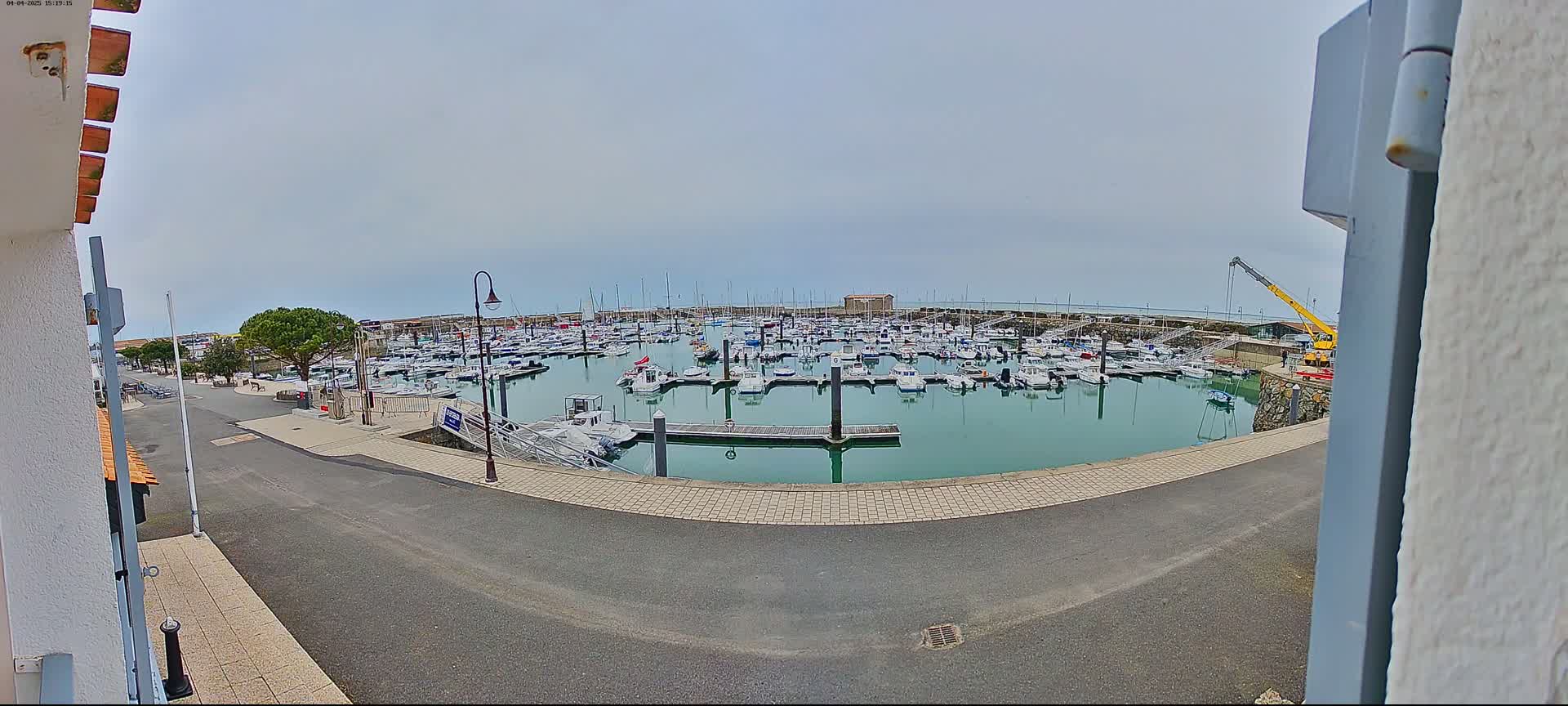 A marina filled with numerous boats is viewed from a slightly elevated position on an overcast day.