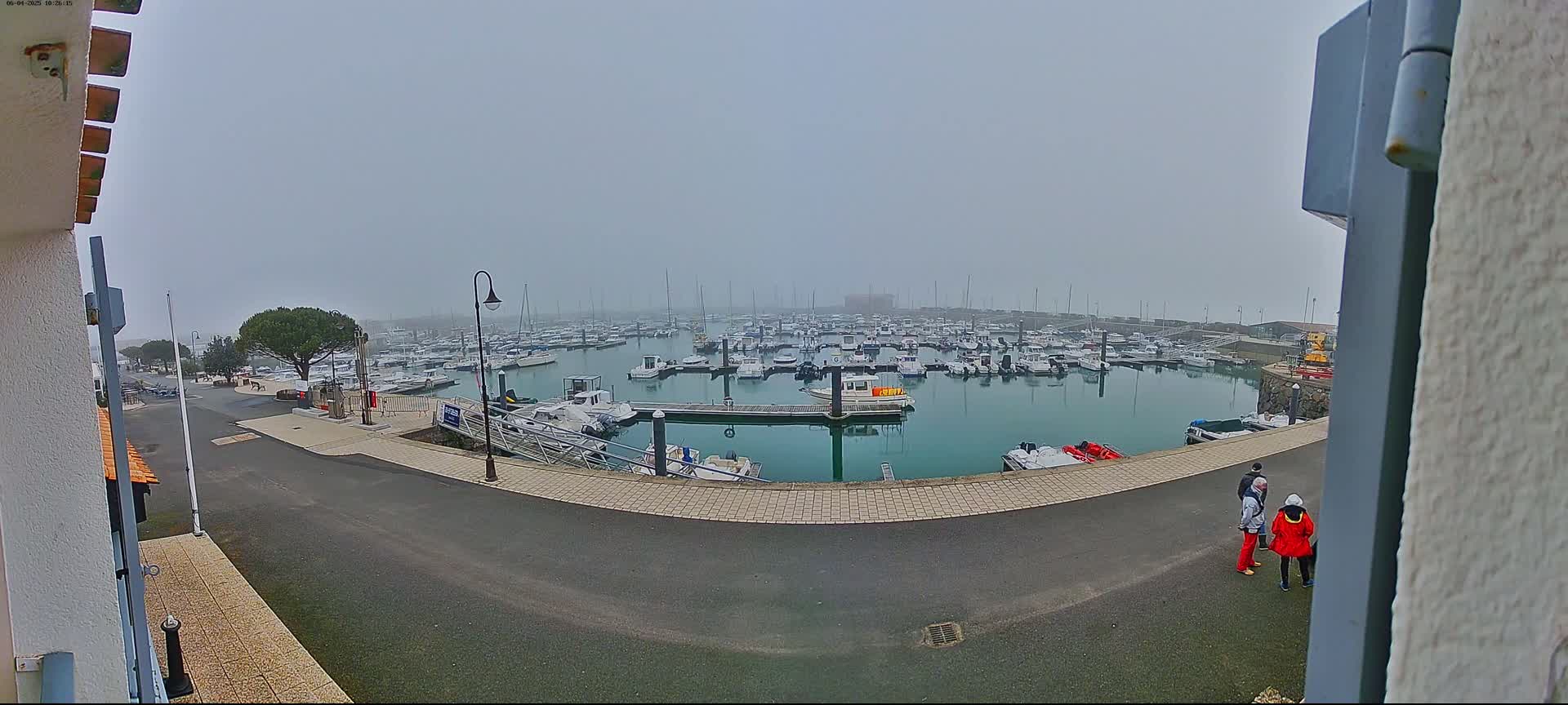 A foggy view of a marina filled with numerous boats, with a few people standing near the walkway in the foreground.