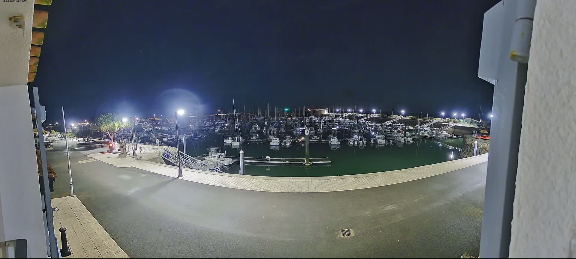 A nighttime view of a marina filled with numerous boats under a clear, dark sky.