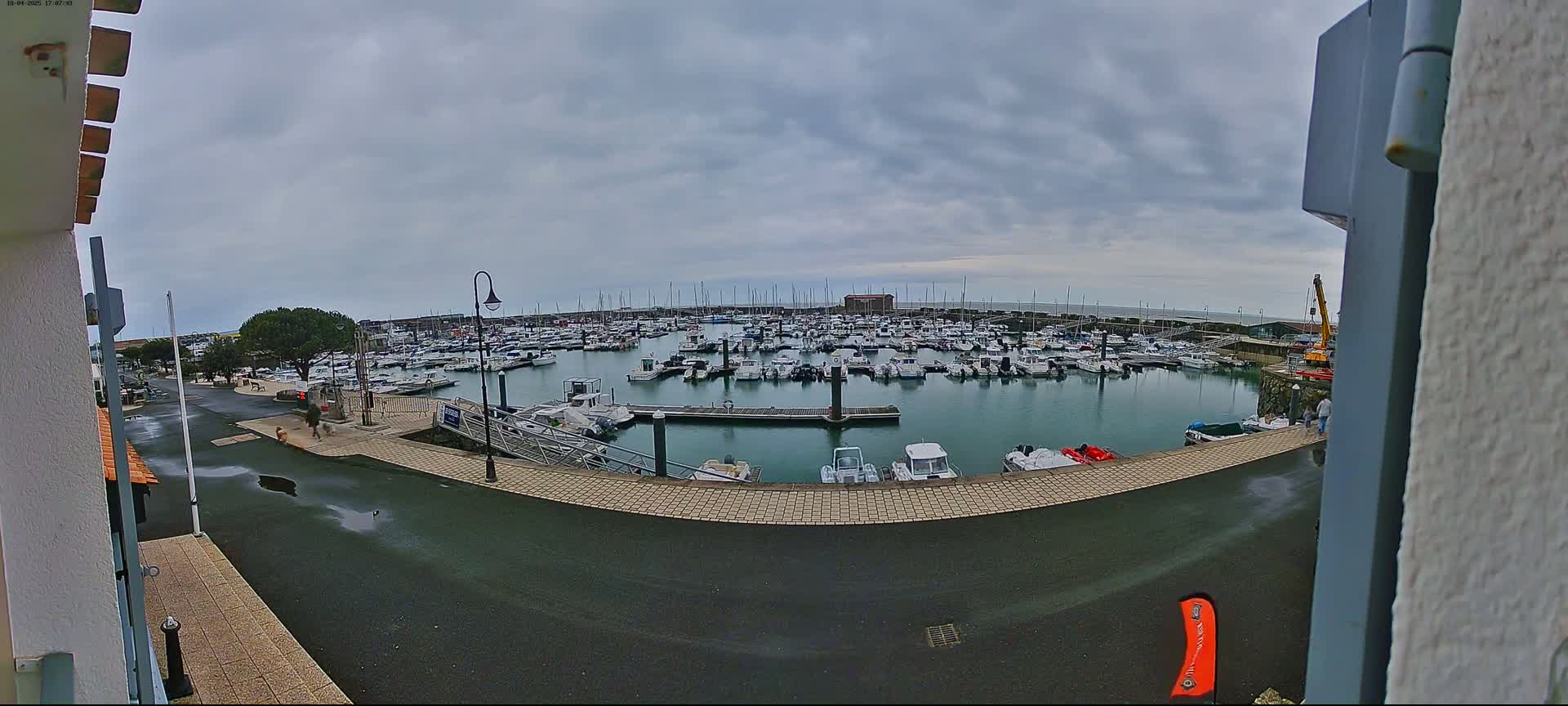 A harbor filled with numerous boats is viewed from a slightly elevated position on an overcast day.