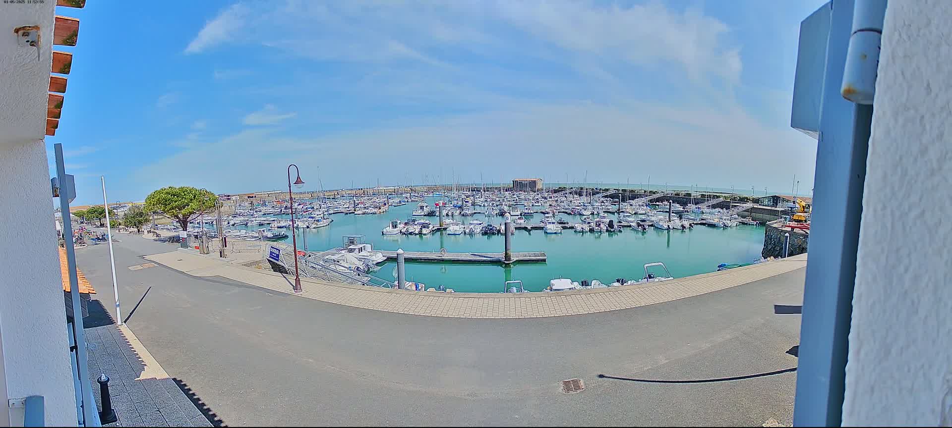A sunny day shows a marina filled with numerous boats, seen from a slightly elevated vantage point overlooking a paved area.