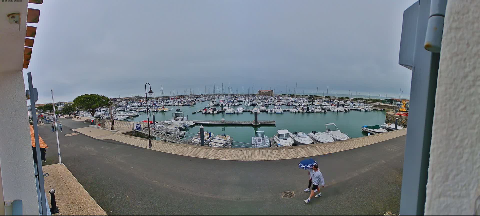 A marina filled with numerous boats is seen on an overcast day, with a person under an umbrella walking along the paved area next to the water.