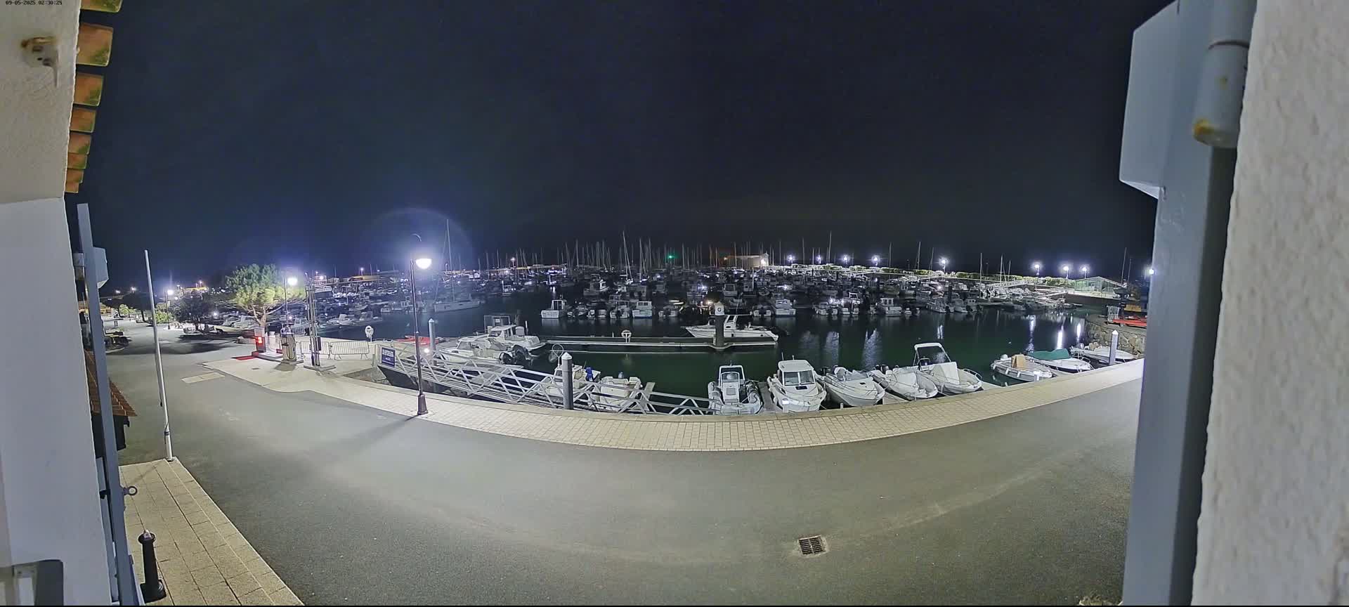 A nighttime view of a marina filled with numerous boats, illuminated by artificial lights under a dark, clear sky.
