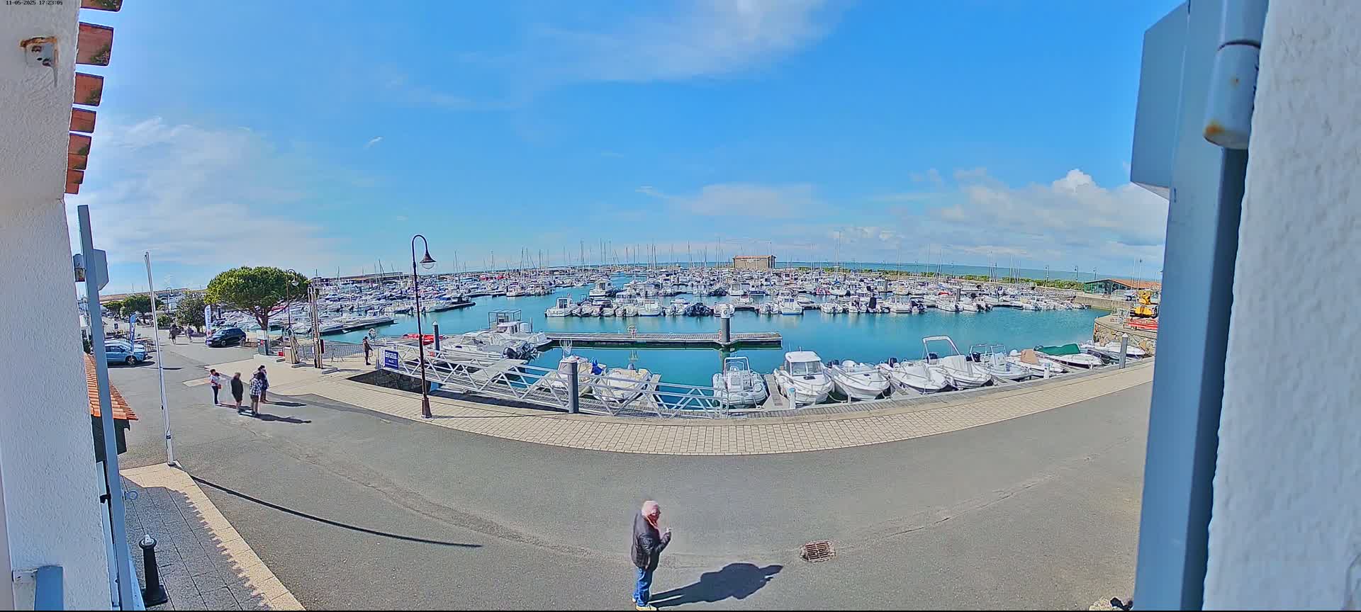 A sunny day shows a marina filled with numerous boats, a paved area with a few pedestrians, and a glimpse of a building.