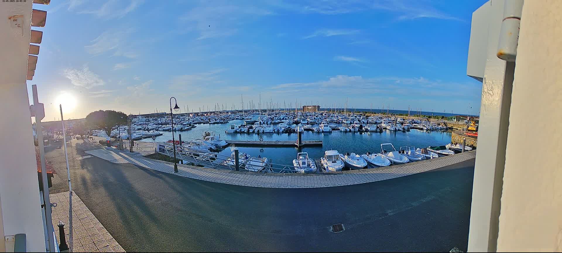 A sunny day shows a marina filled with many boats, docked along a calm body of water.