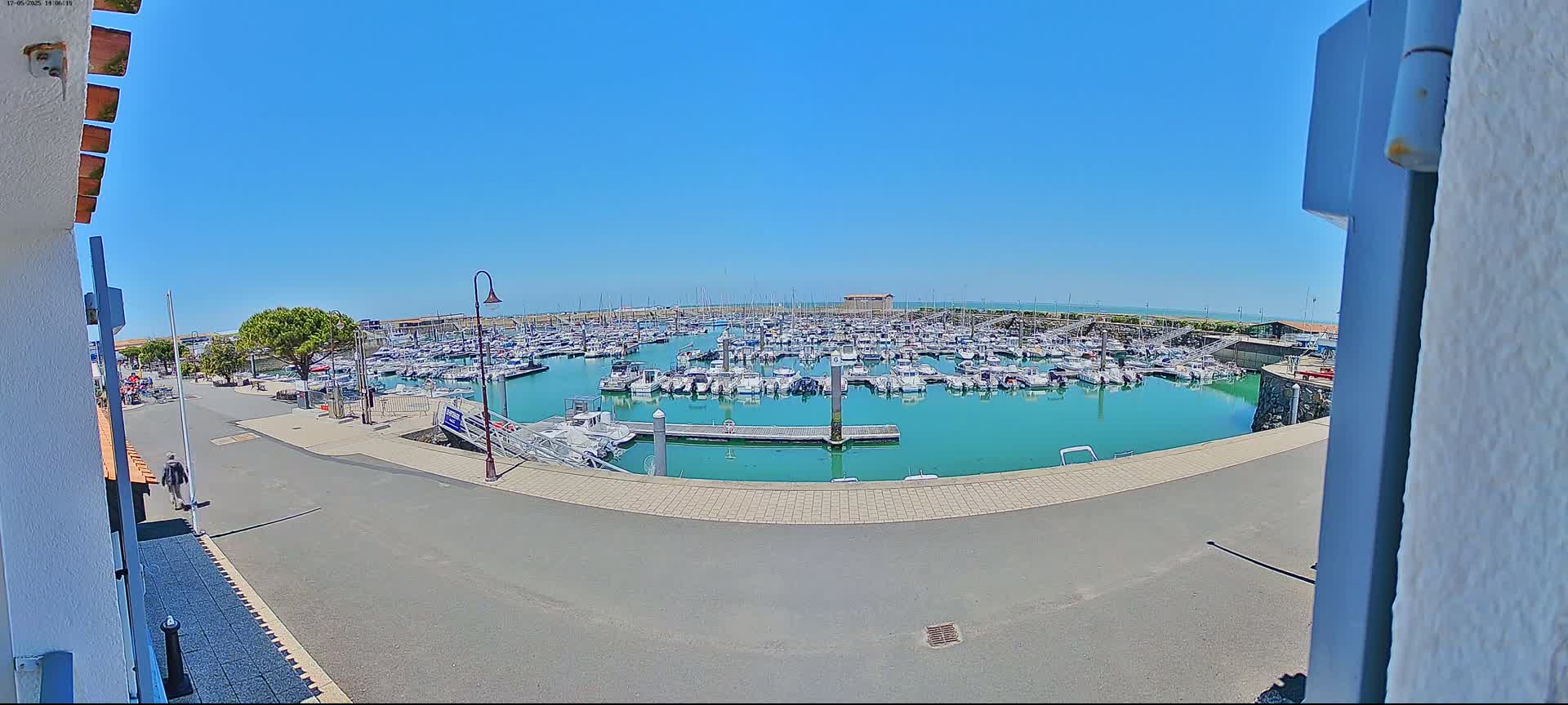 A marina filled with numerous boats is seen on a sunny day, viewed from a slightly elevated perspective.