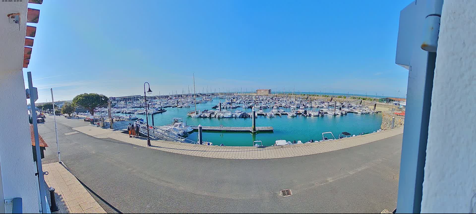 A marina filled with numerous boats is visible on a sunny day, seen from a slightly elevated viewpoint across a paved area.