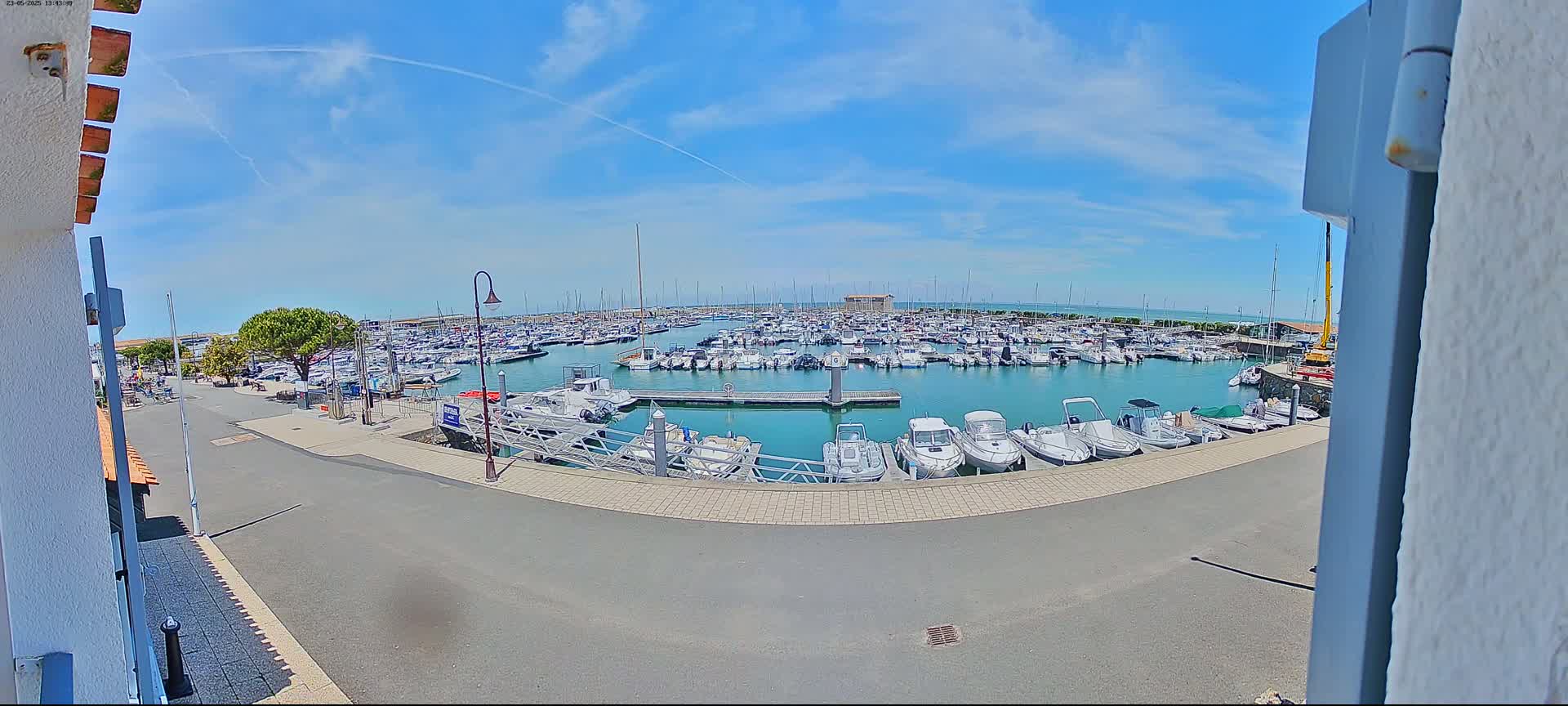 A marina filled with numerous boats is seen on a sunny day with a mostly clear blue sky.