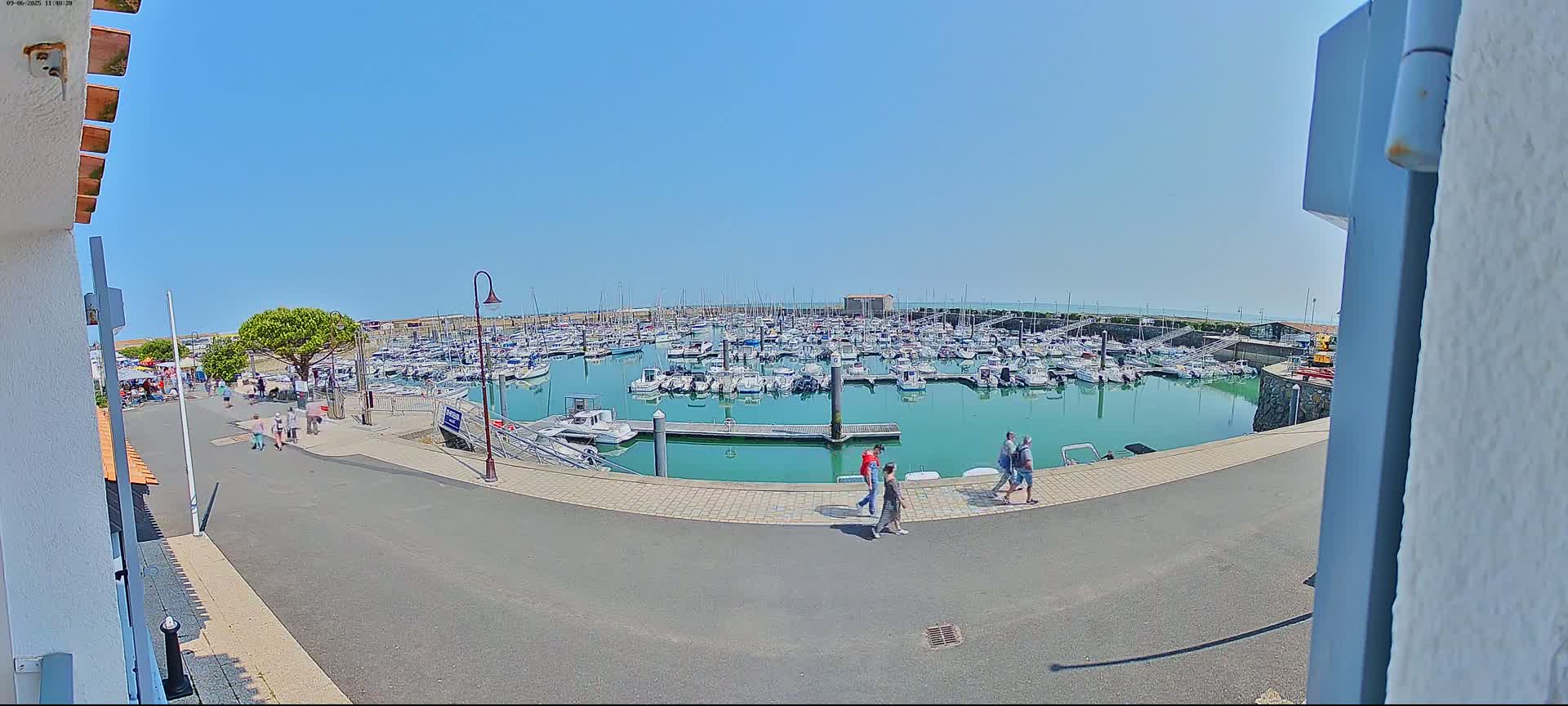 A marina filled with numerous boats is seen on a sunny day, with people walking along the paved area nearby.