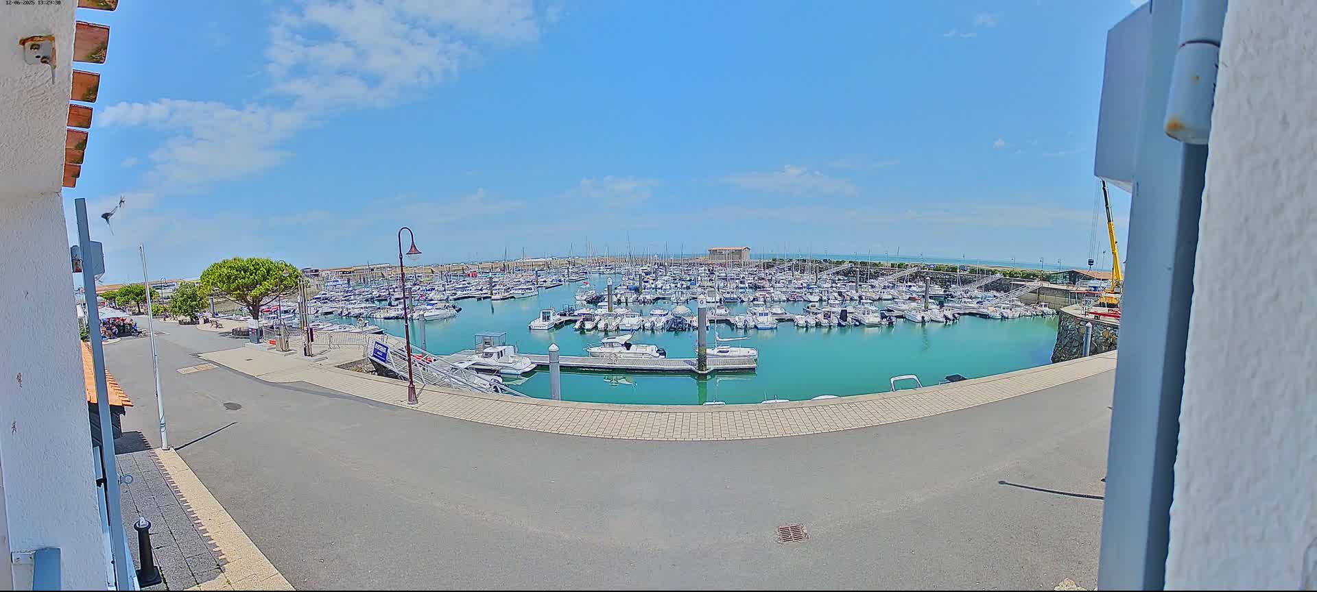 A marina filled with numerous boats is seen on a sunny day with a mostly clear blue sky.