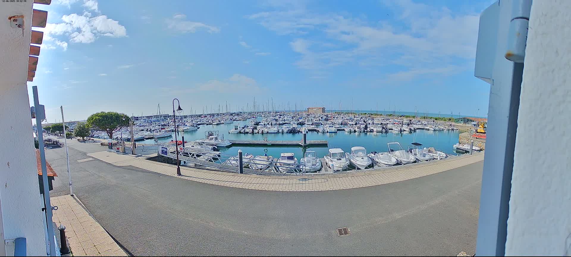 A marina filled with numerous white boats under a mostly sunny sky is viewed from a slightly elevated position.