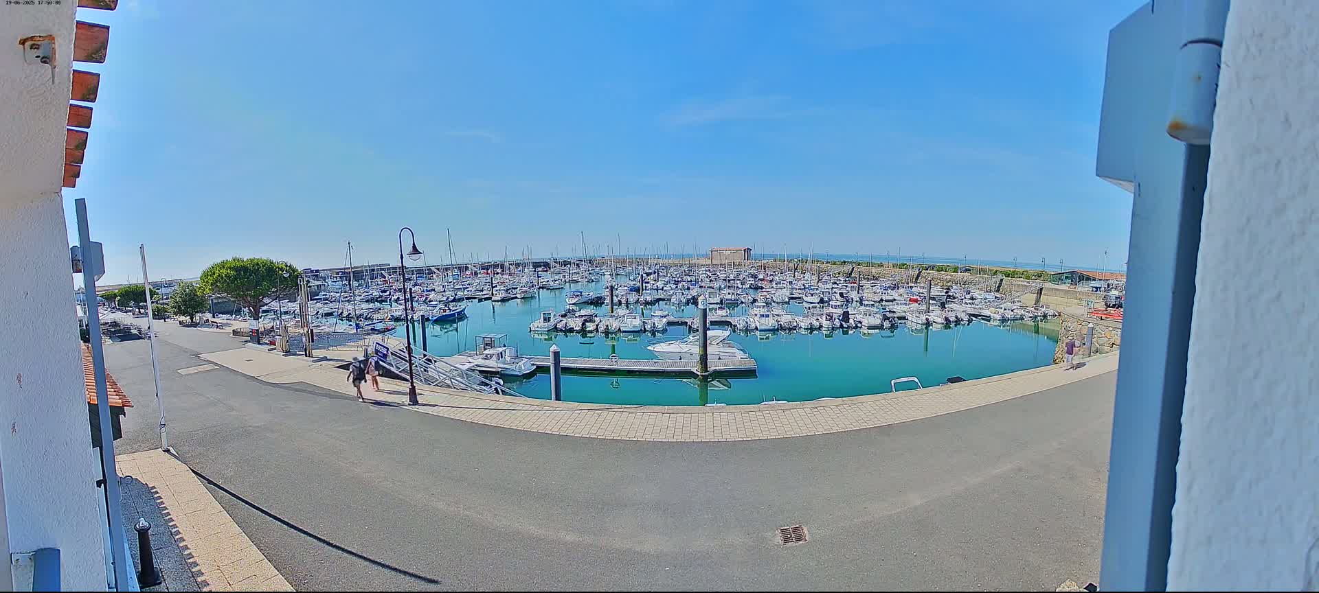 A marina filled with numerous boats is visible under a clear, sunny sky, with two people walking along a paved path nearby.