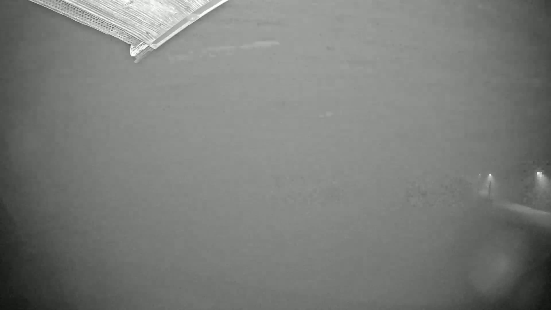A portion of a wood ceiling is visible in the upper left corner above a foggy, dimly lit outdoor scene at night.