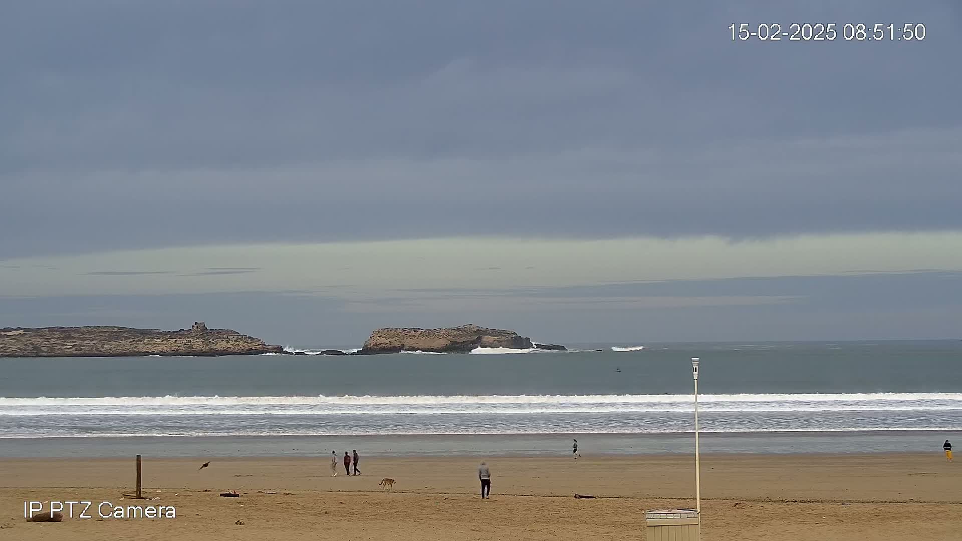 A sandy beach with a few people and a dog, under an overcast sky, overlooks an ocean with small waves and a rocky island in the distance.