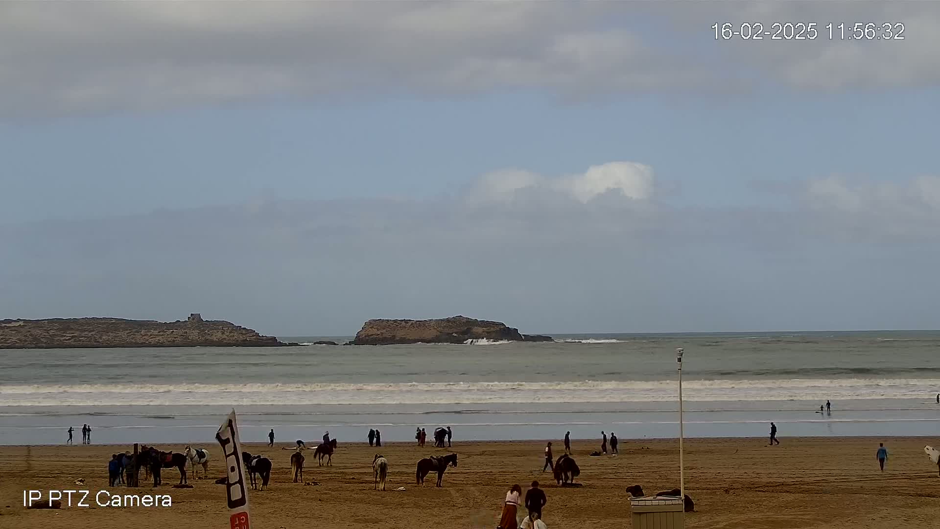 A sandy beach with several people and horses, under a partly cloudy sky, features a small island in the ocean in the background with moderate waves.