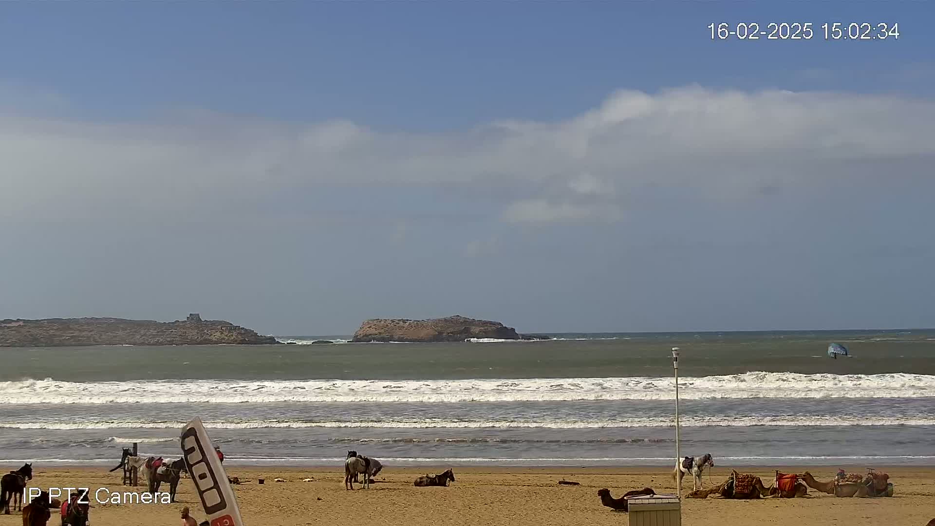 A sandy beach with people, horses, and camels, under a partly cloudy sky, faces a calm ocean with small waves breaking near a distant island.