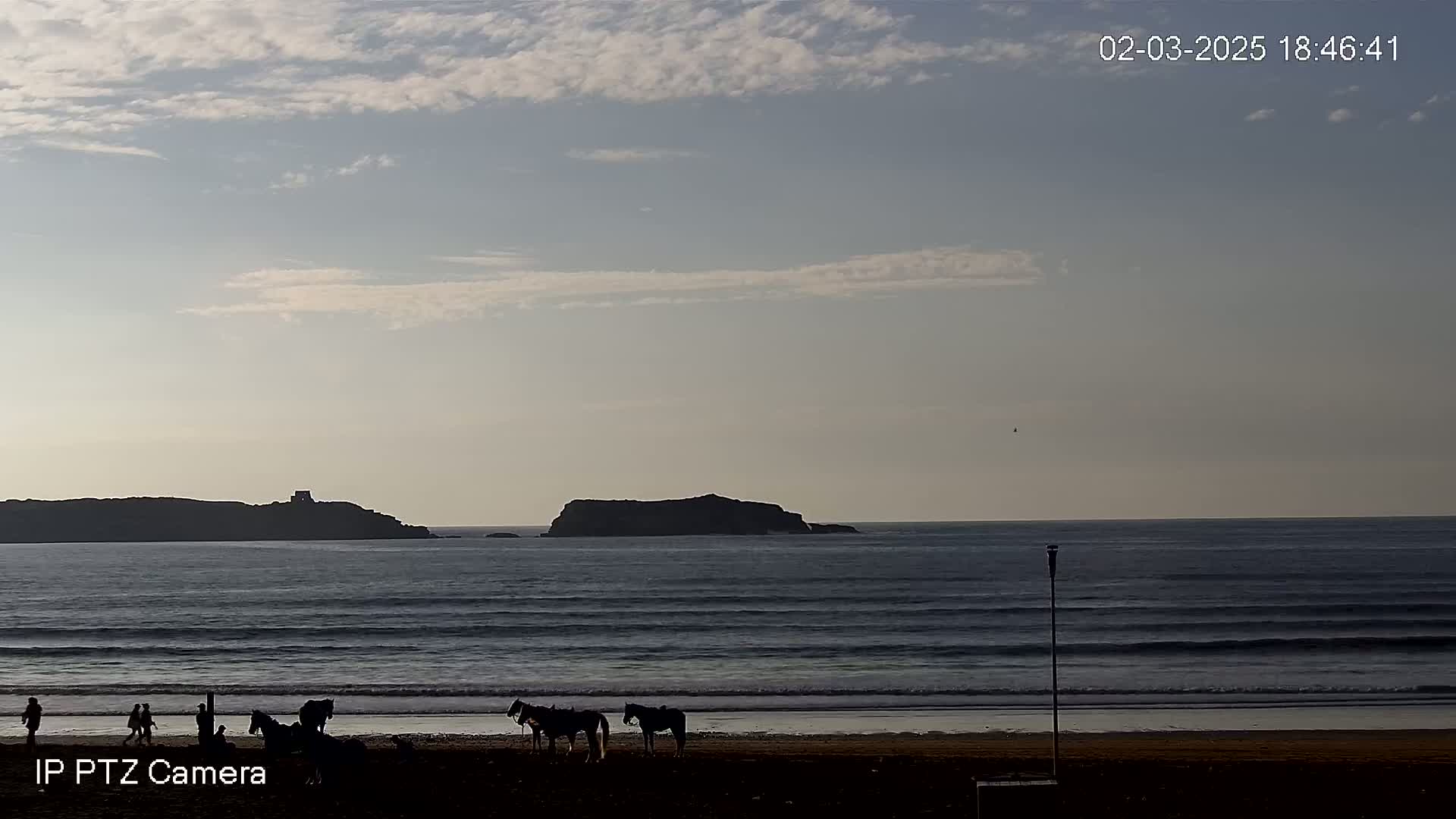 Silhouetted figures and horses stand on a sandy beach under a mostly cloudy sky, with calm waves rolling in toward the shore and islands in the distance.