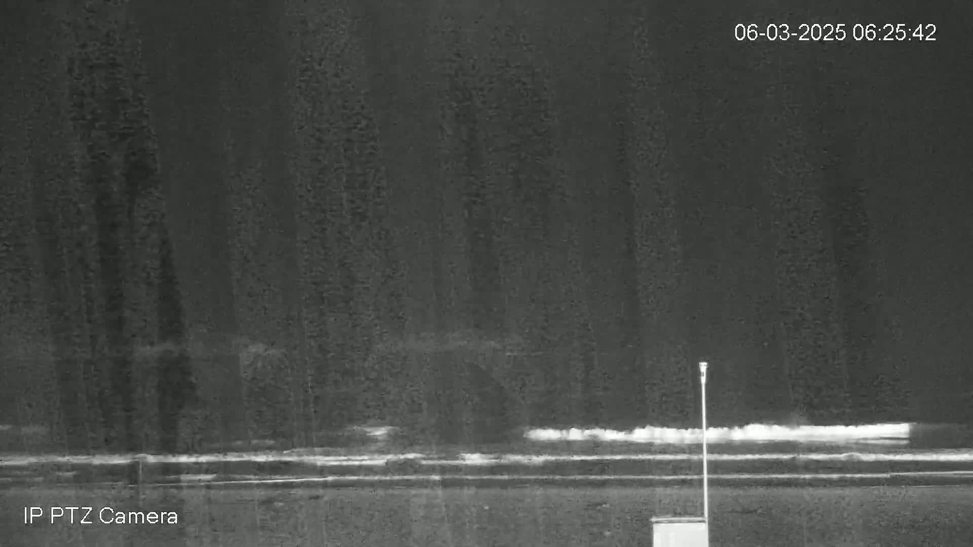 A nighttime, low-light image shows a dark, possibly wooded area with a lighter, possibly snowy or icy, foreground.