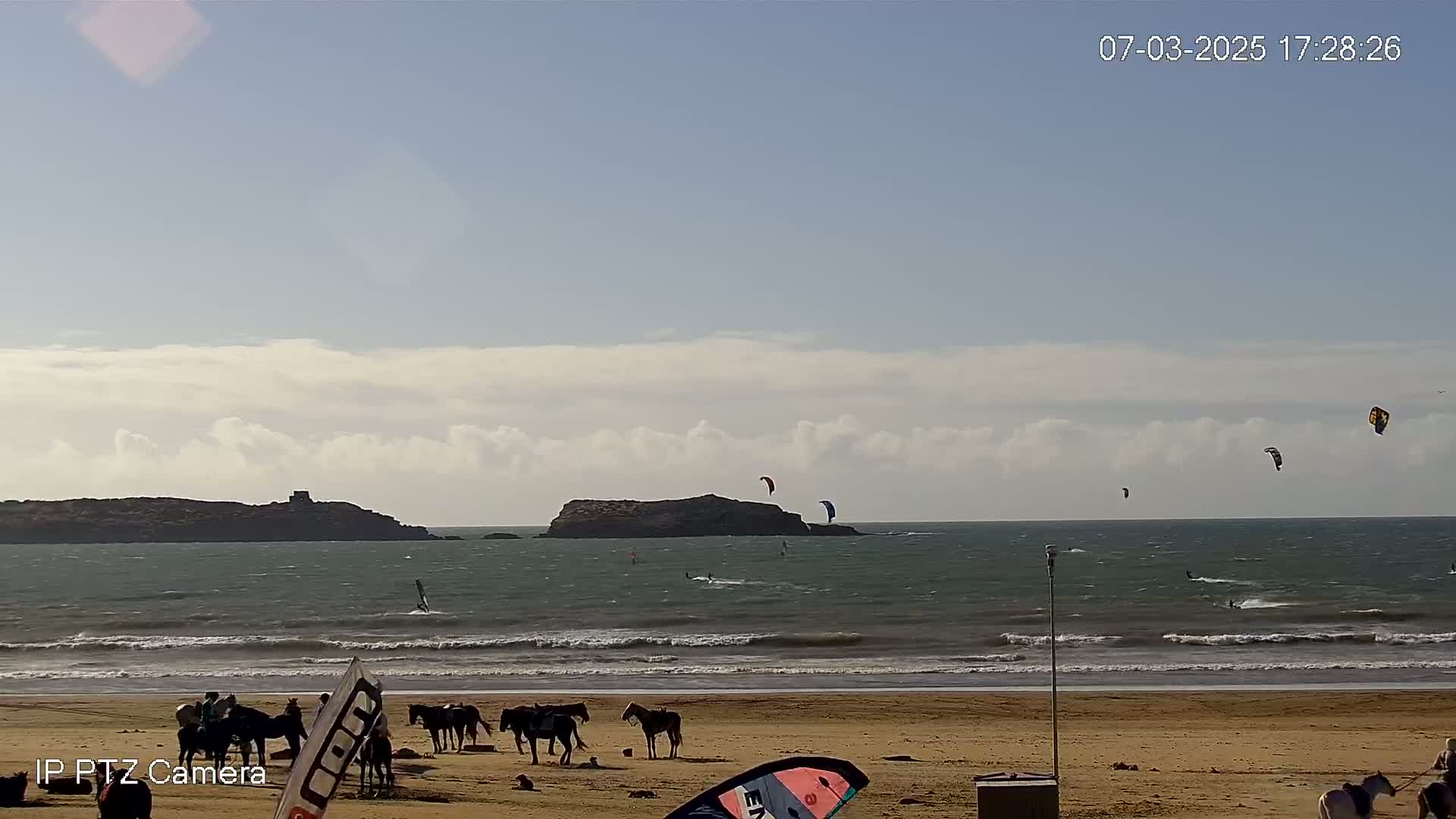 A sandy beach with horses and riders, windsurfers and kite surfers in the ocean under a partly cloudy sky.