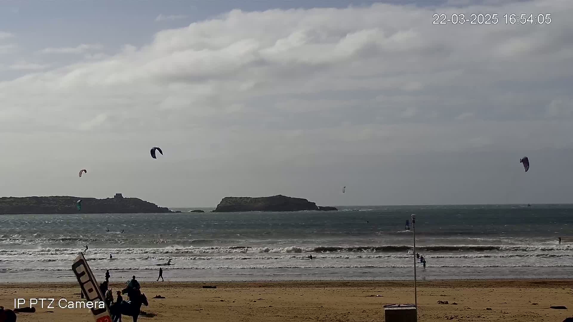Several kitesurfers are enjoying a windy day at a beach with small waves and a distant rocky island.