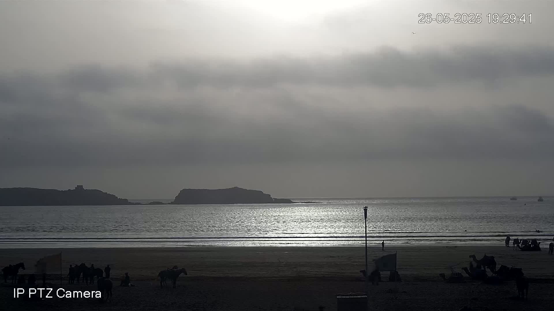 A mostly cloudy, overcast day shows a beach with several people and animals, including camels and horses, near the water's edge, with a small island visible in the distance.