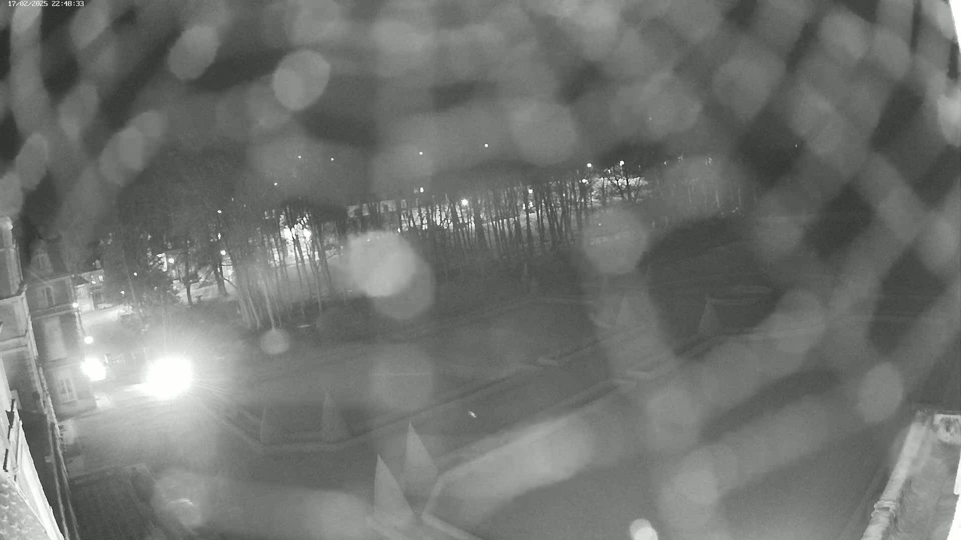 A nighttime, rainy view of a building and a tree-lined area with headlights visible in the distance.