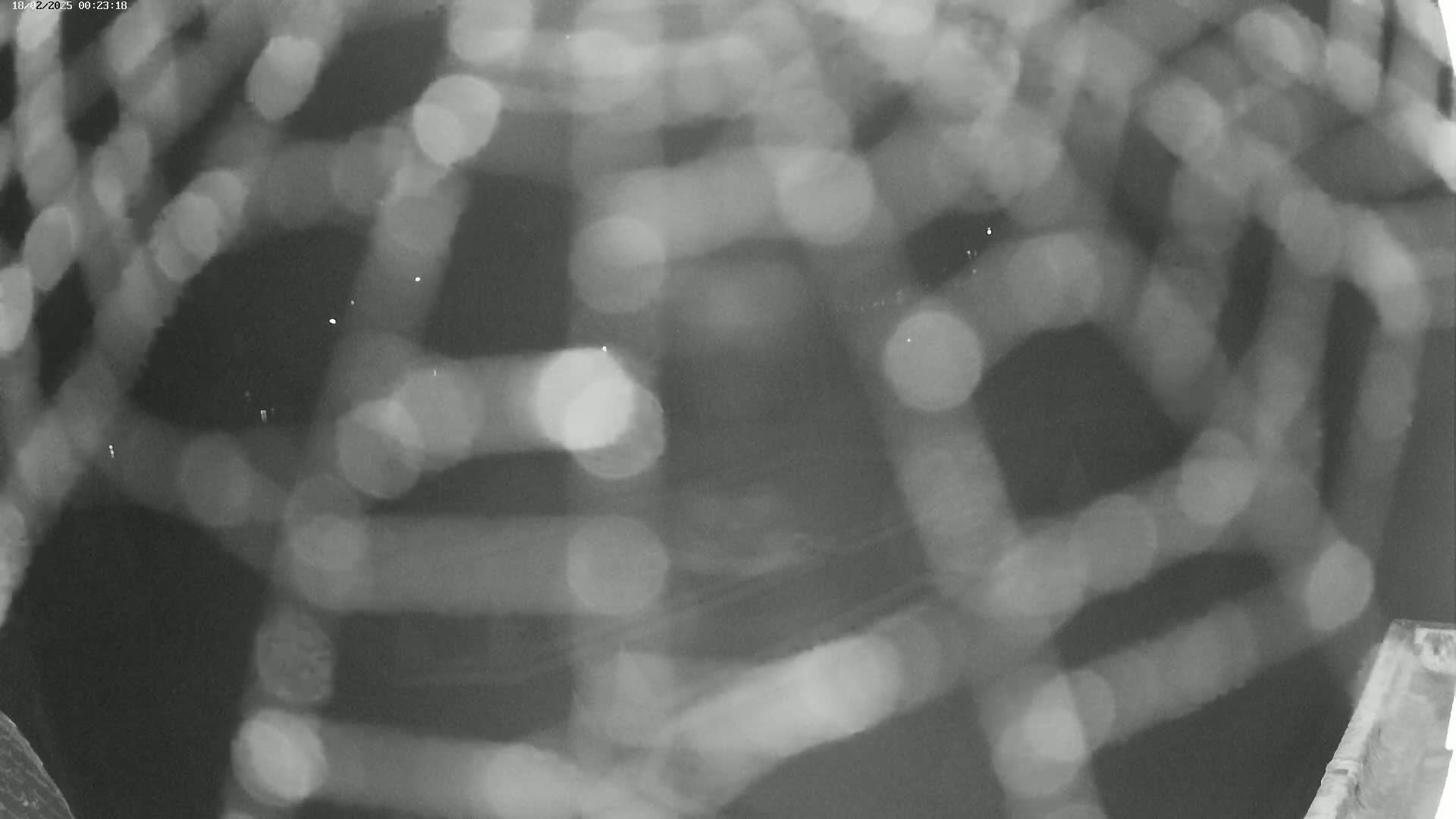 A blurry, nighttime image shows out-of-focus lights reflecting on a dark, wet surface, possibly water.