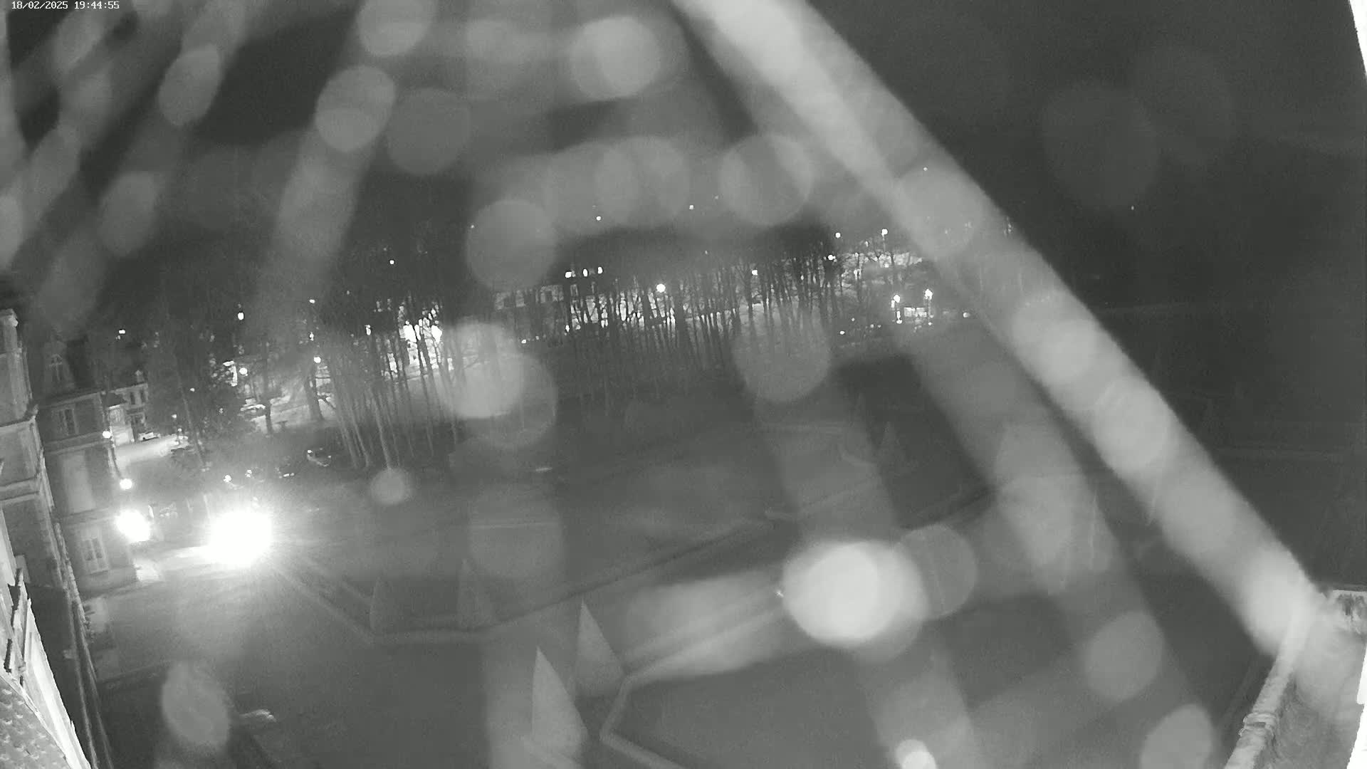 A nighttime, rainy view of a street with cars and trees, seen through a rain-streaked window or similar surface.