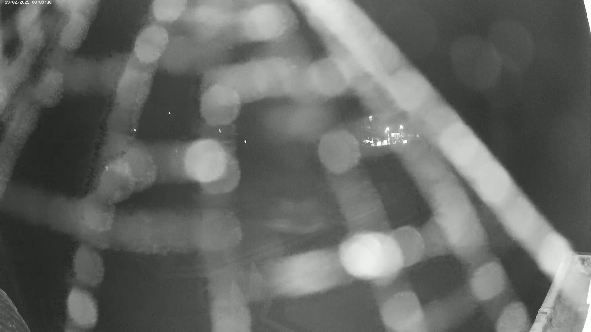 A blurry, nighttime image shows a dark area with distant lights and a lattice-like structure in the foreground.