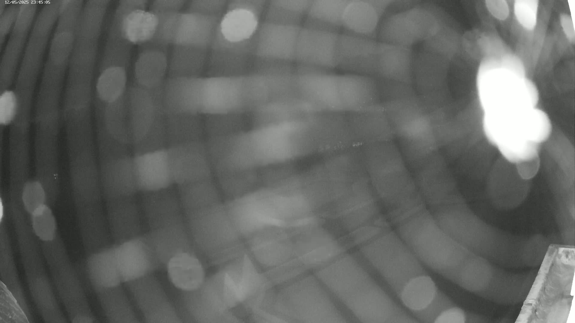 A blurry, grayscale image shows a dark, possibly nighttime scene with out-of-focus lights and what appears to be a patterned surface.