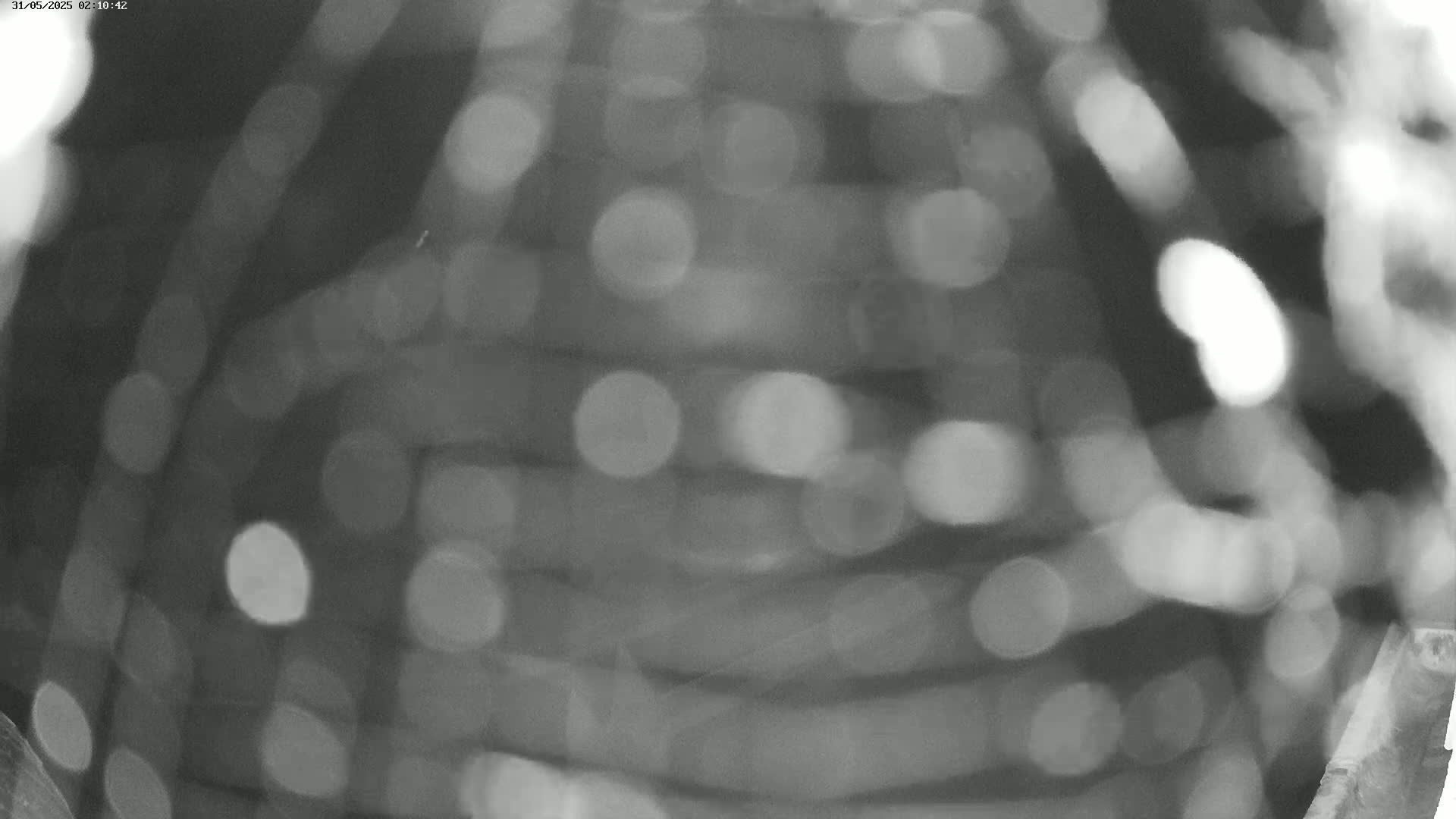 A blurry grayscale image shows out-of-focus lights arranged in horizontal rows.