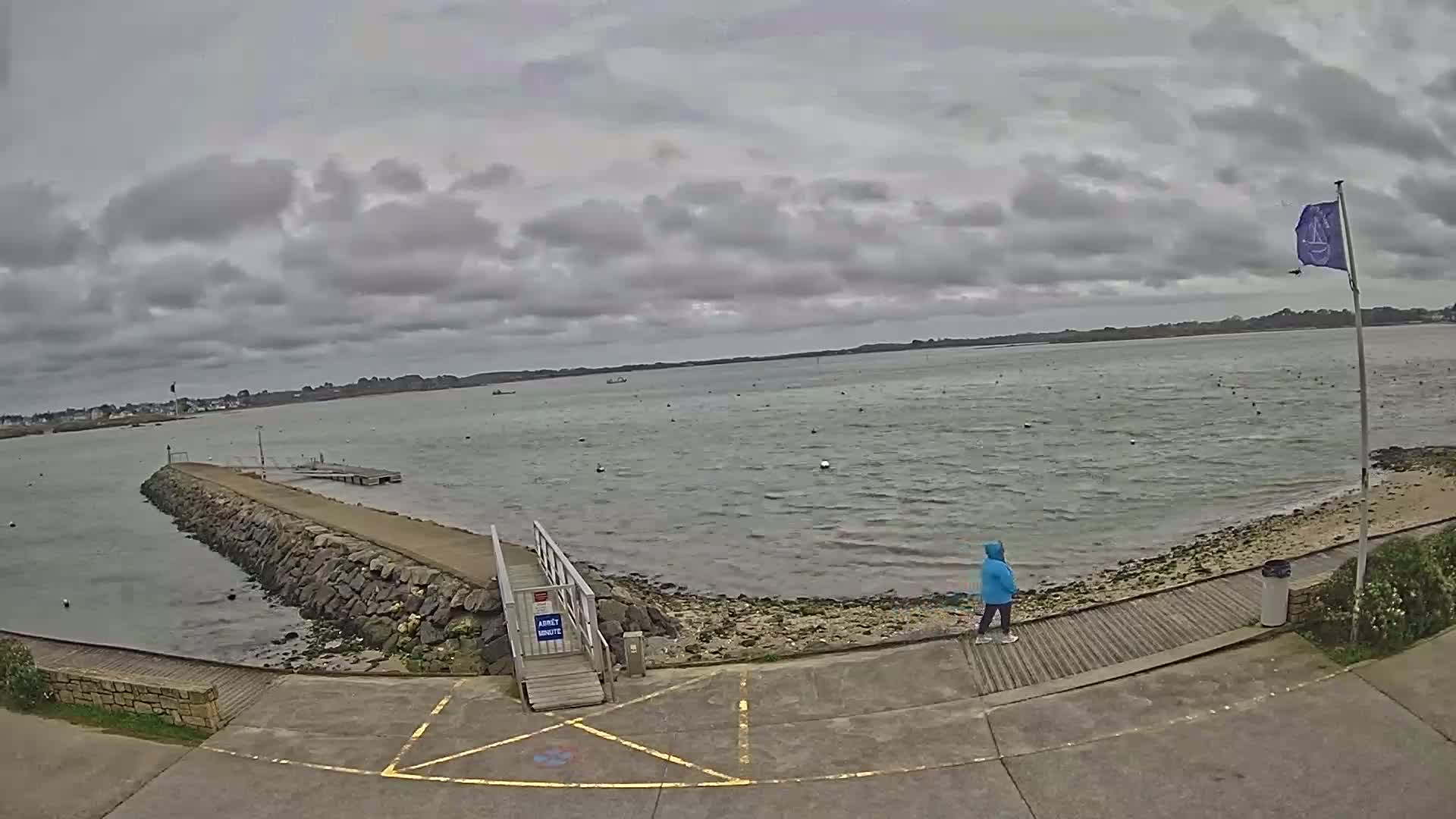 A person in a blue jacket stands on a wooden walkway beside a calm, gray body of water under a cloudy sky.