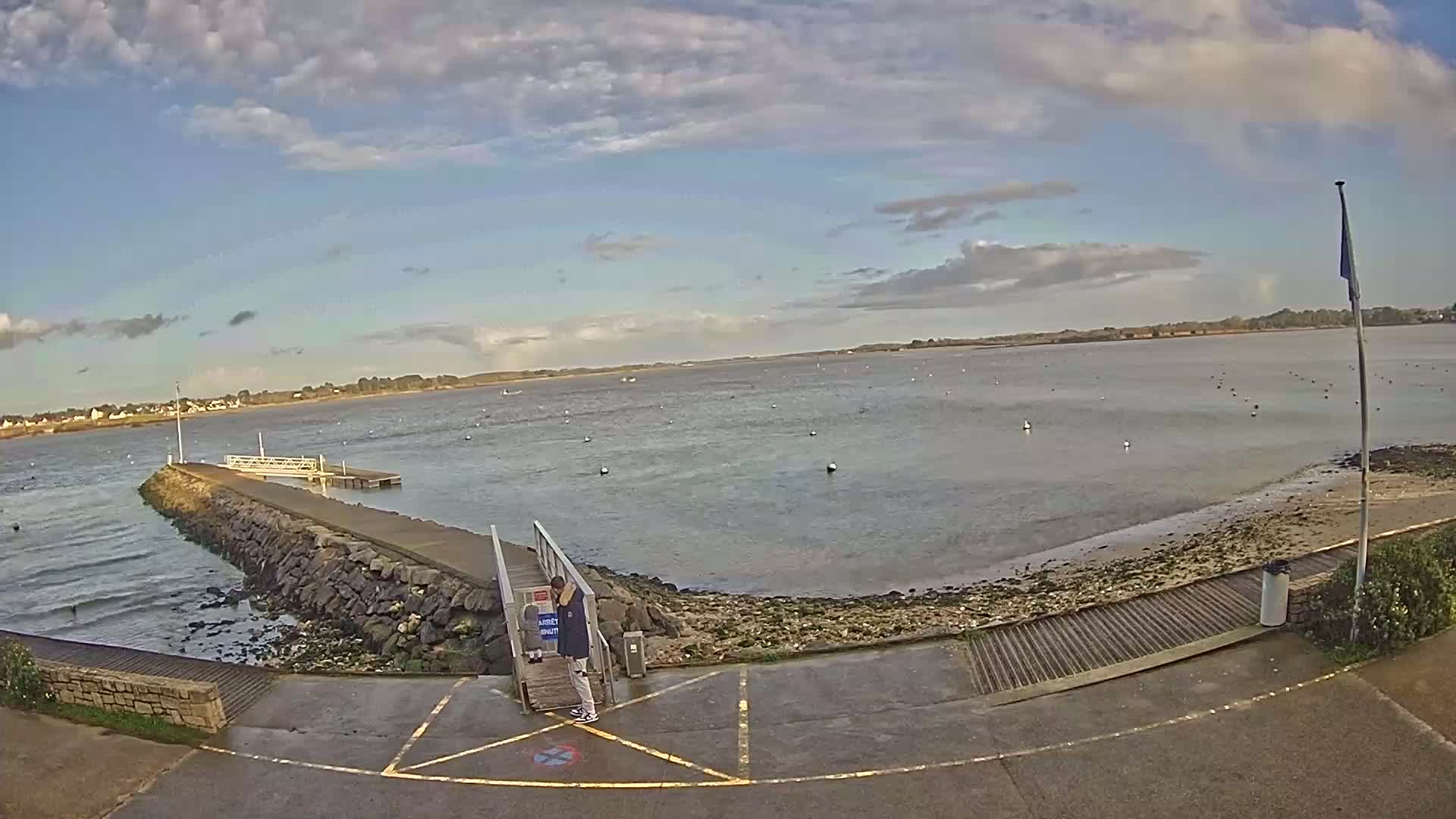A calm body of water with a small pier and two people standing near a ramp on a partly cloudy day.