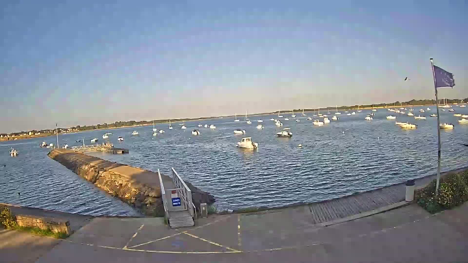A calm, clear day shows many small boats moored in a harbor, viewed from a stone pier with a wooden ramp.