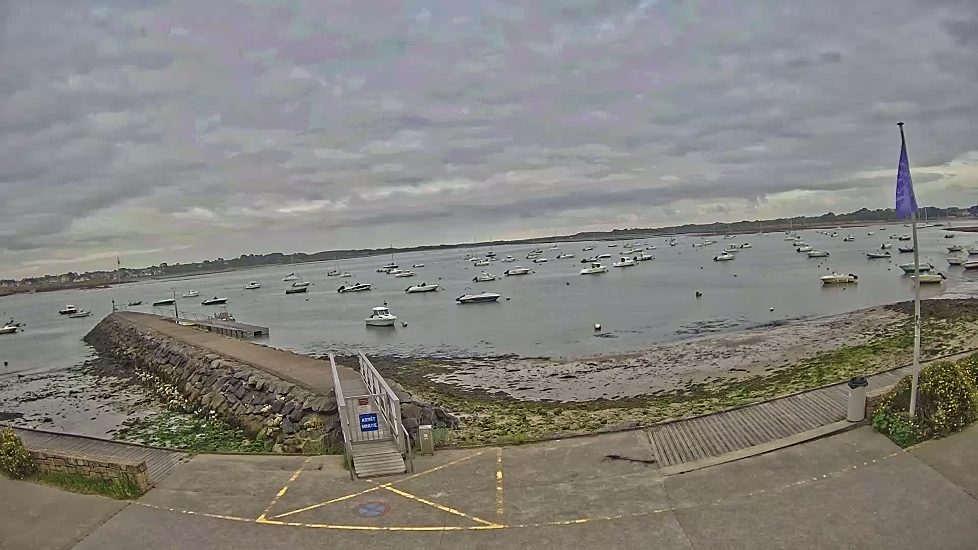 Numerous small boats are moored in a calm bay under an overcast sky.