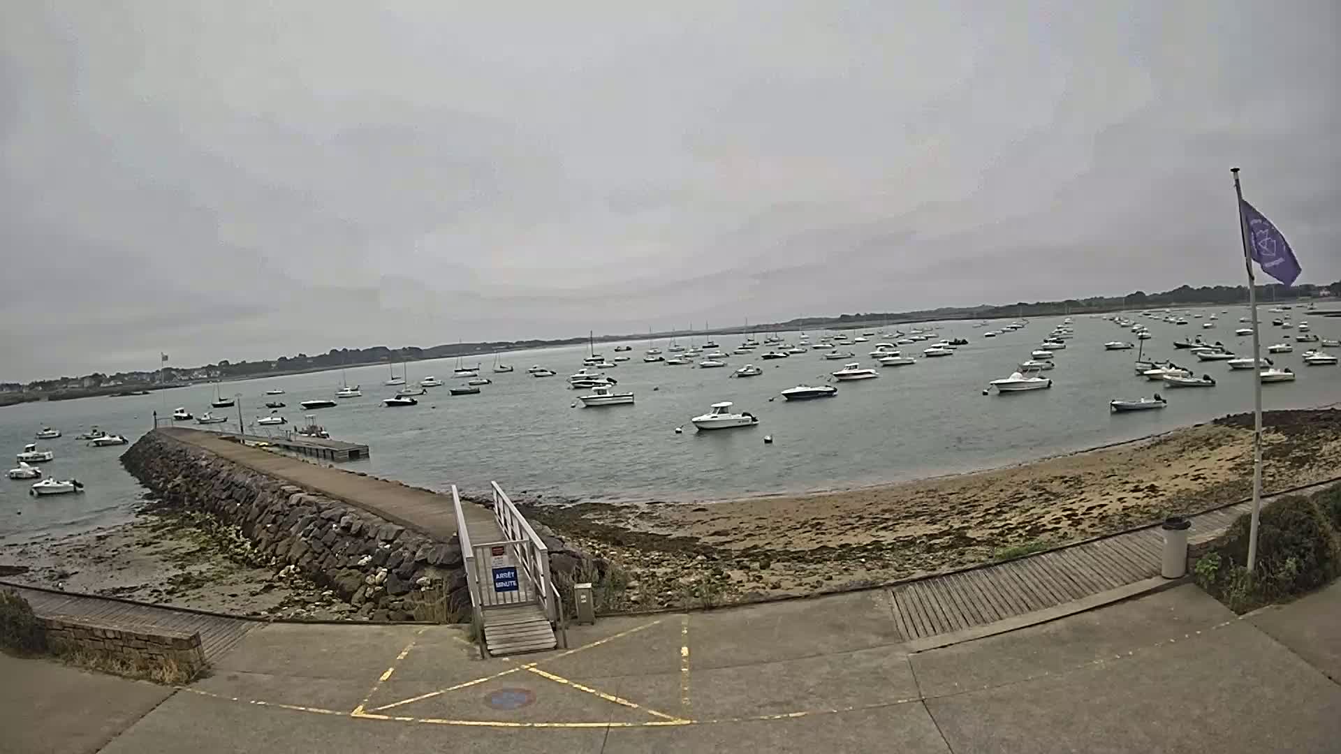 A calm, overcast day reveals a harbor filled with numerous small boats moored near a rocky shoreline with a wooden walkway leading to a ramp.