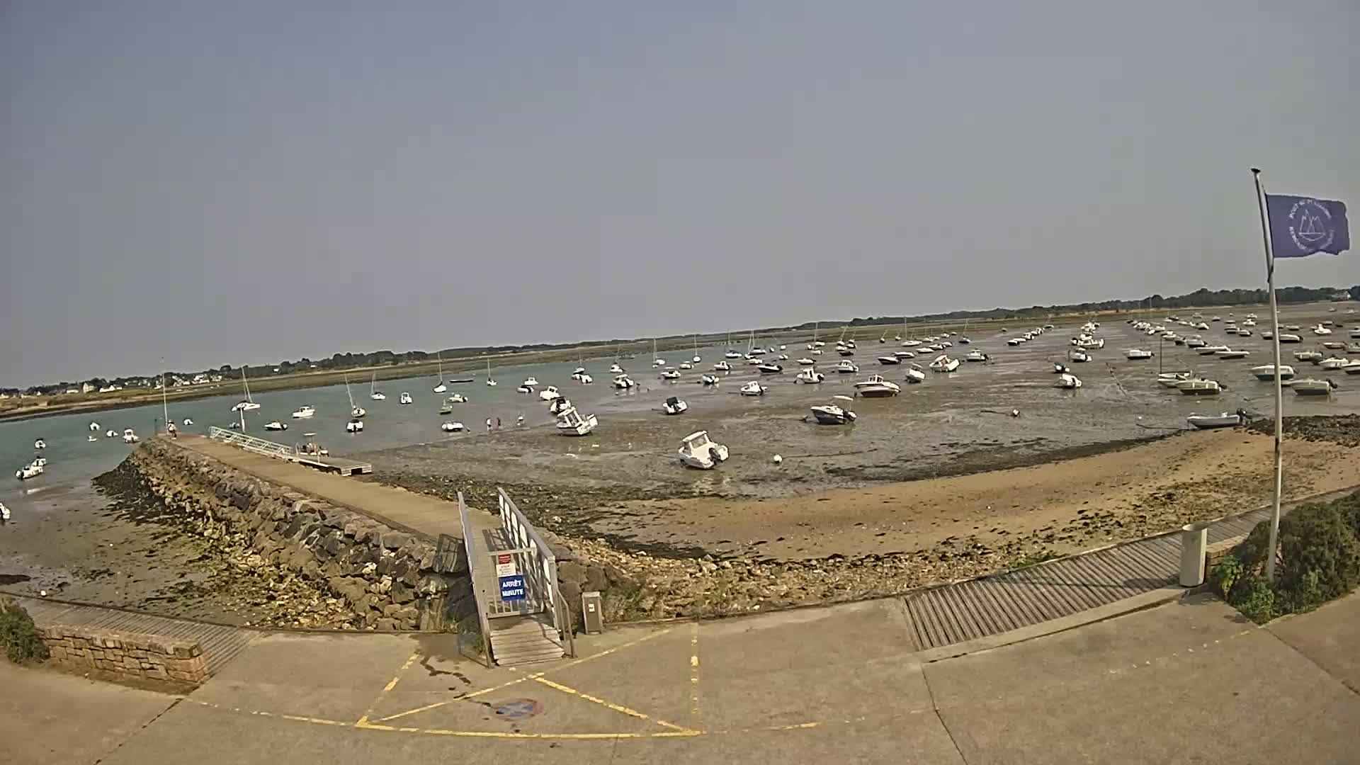Many boats are moored in a calm harbor at low tide under a partly cloudy, pale pink and blue sky.